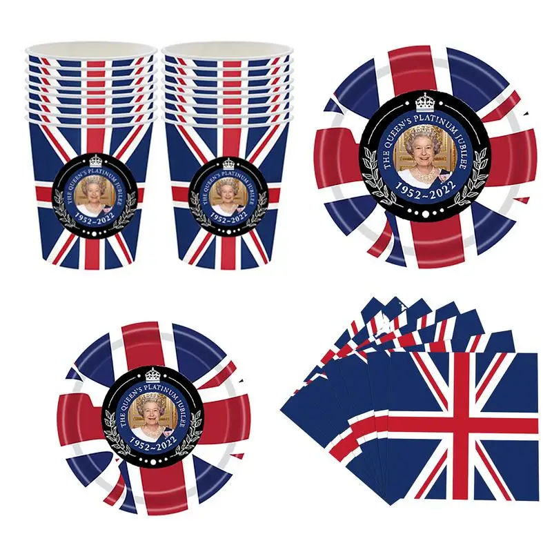 114Pcs British Flag Tableware Kit British Flag Paper Dinnerware Set Union Jack Tablecloth/Plates/Cups/Napkins/Bunting
