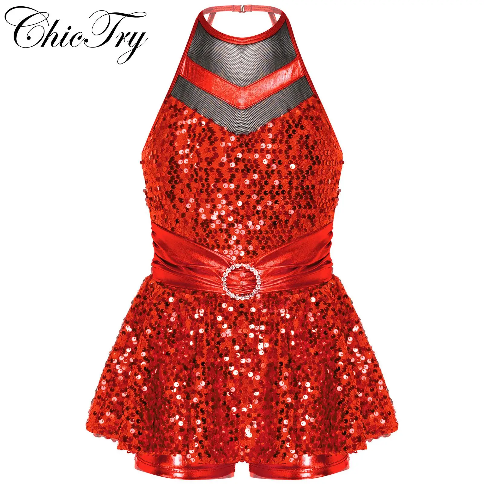 

Girls Ballet Dress Halter Shiny Sequins Gymnastics Workout Dancewear Unitards Stage Performance Latin Jazz Party Dance Costumes