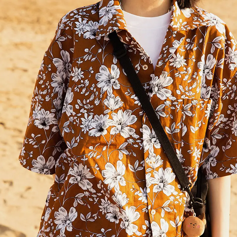 

vintage floral print Japanese beach style loose blouses men shirt women short sleeve hawaiian shirt summer plus size Cuban style