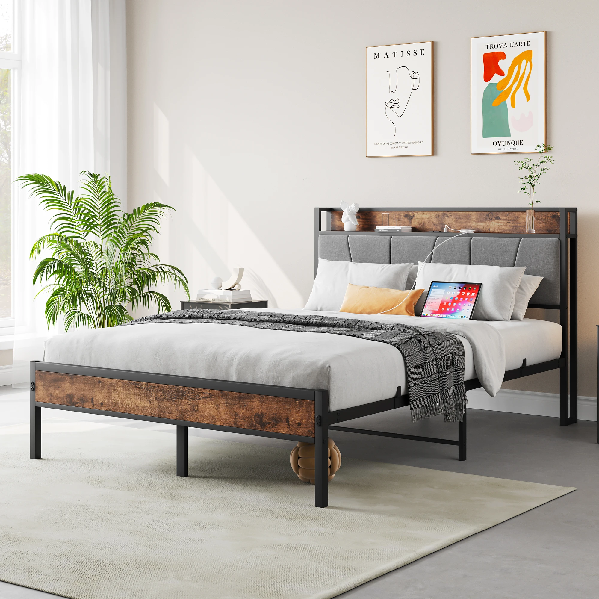 

Full Size Bed Frame, Storage Headboard with Charging Station, Solid and Stable, Noise Free, No Box Spring Needed, Easy Assembly