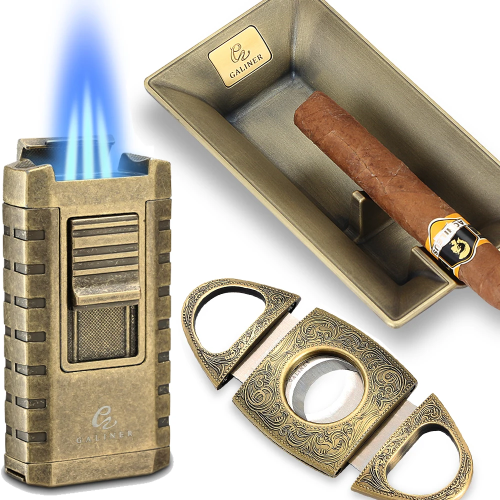 

GALINER Metal Cigar Set Home Ashtrays Cigar Torch Lighter Butane Gas 3 Jet Torch Lighters With Punch Cigar Cutter Guillotine