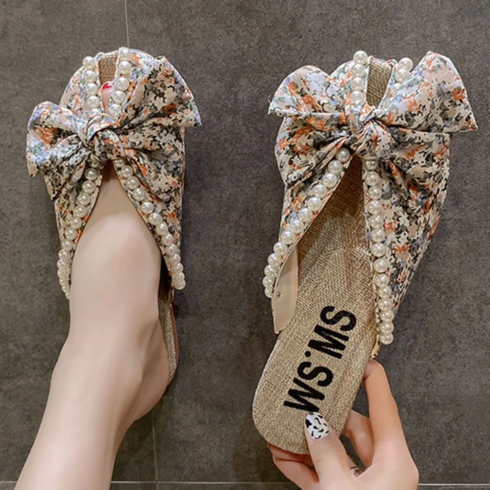 

Summer Outdoor Slippers With Pearl Bow Cute Flip Flops Beach Slippers Fashion All Match Casual Flats Ladies Slippers qt168