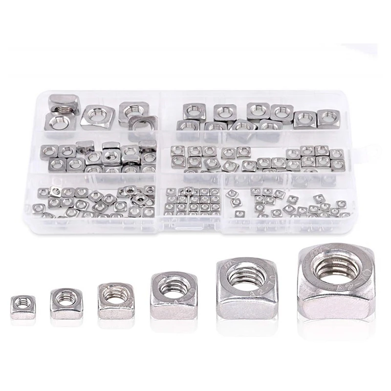 

150Pcs/Set Square Nuts Assortment Kit With Plastic Box Stainless Steel Four-Sided Nuts M3 M4 M5 M6 M8 M10 Square Nut