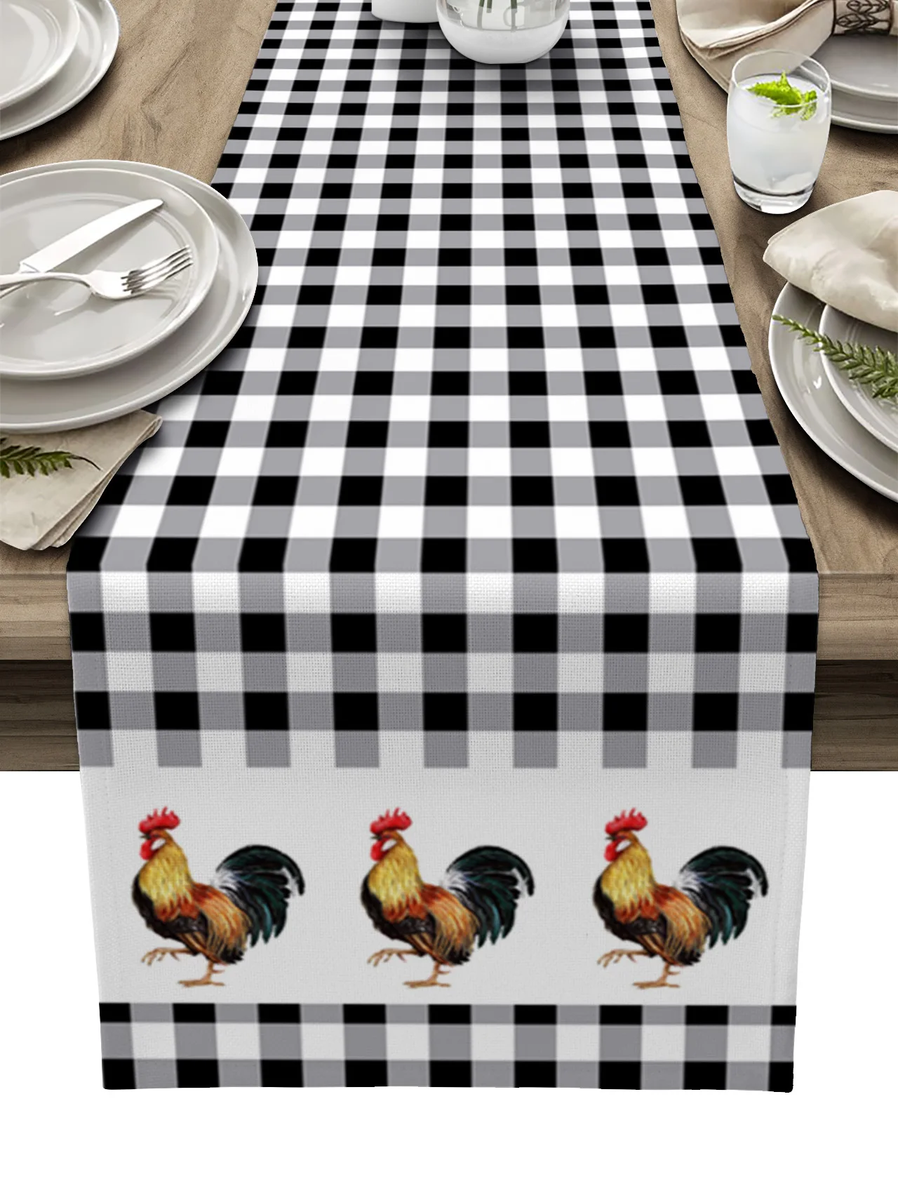 

Farm Rooster Black And White Plaid Table Runner Wedding Table Decor Party Dining Table Runner Home Decor Tablecloth Placemat