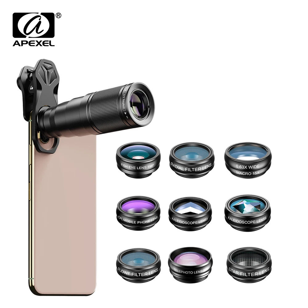 APEXEL 10 in 1  Mobile phone Lens Telephoto Fisheye lens Wide Angle Macro Lens+CPL/Flow/Radial/Star Filter for all smartphones