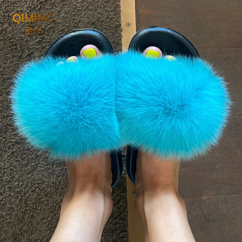 Summer Real Fur Slippers Women Fur Slides Woman Flip Flops Sandals Ladies Cute Fuzzy Fluffy Plush Fox Furry Slippers House Shoes