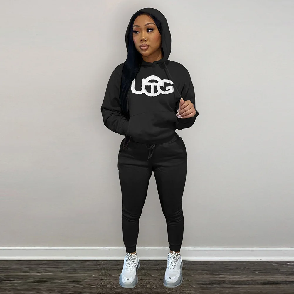 

Casual 2 Piece Sport Set Women Embroidered Letters Long Sleeve Hoodies Suit & Bodycon Pencil Pants Biker Working Outfit Wear