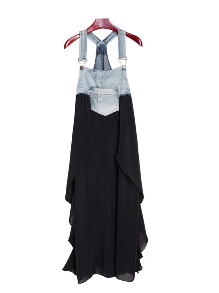 

2023 Summer New Elegant Women's Dress Loose Denim Patchwork Chiffon Overalls Sexy Suspender Dress Spaghetti Strap Robe