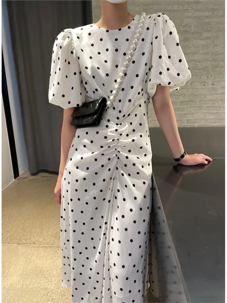 

New 2021 Women Summer High Waist Polka Dot Puff Sleeve Korean Elegant Sweet Lady Long Dresses