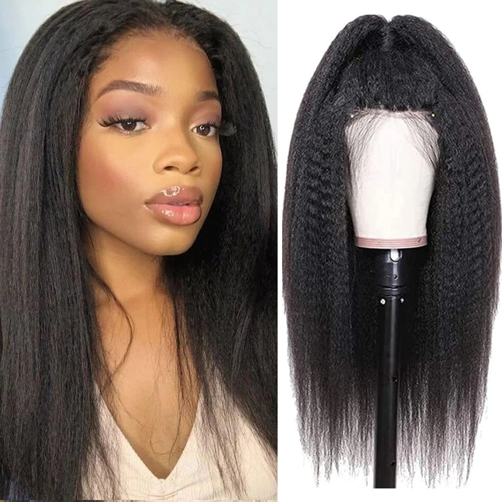 

Kinky Straight Lace Frontal Wigs Glueless Synthetic Yaki Straight Lace Wig Pre-Plucked with Baby Hair Afro Wigs For Black Women