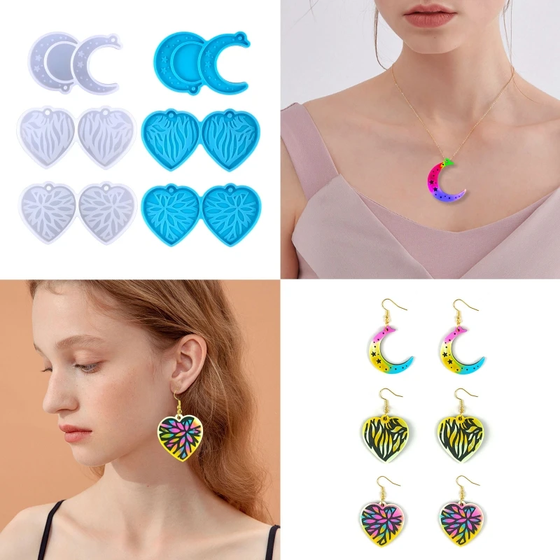 

Diy Crystal Epoxy Mold Earrings Pendant Jewelry Mold Hanging Pendant Decoration Heart Moon Shape Mirror Silicone Mold T8DE