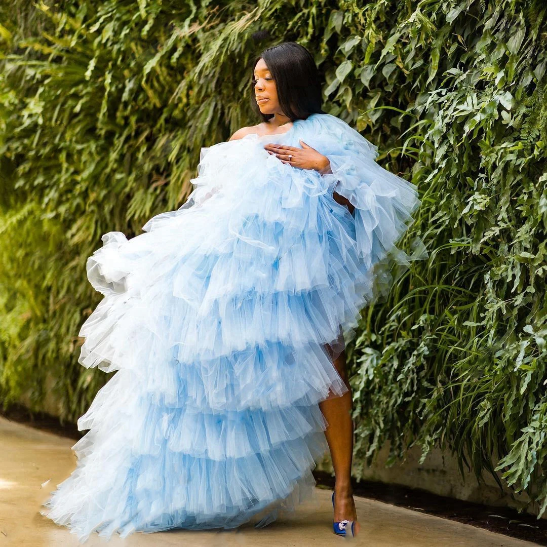 

Light Blue Evening Dresses Extra Puffy Long Gown Layered Vestido De Festa robe de soiree Asymmetrical Evening Dress Sleeveless
