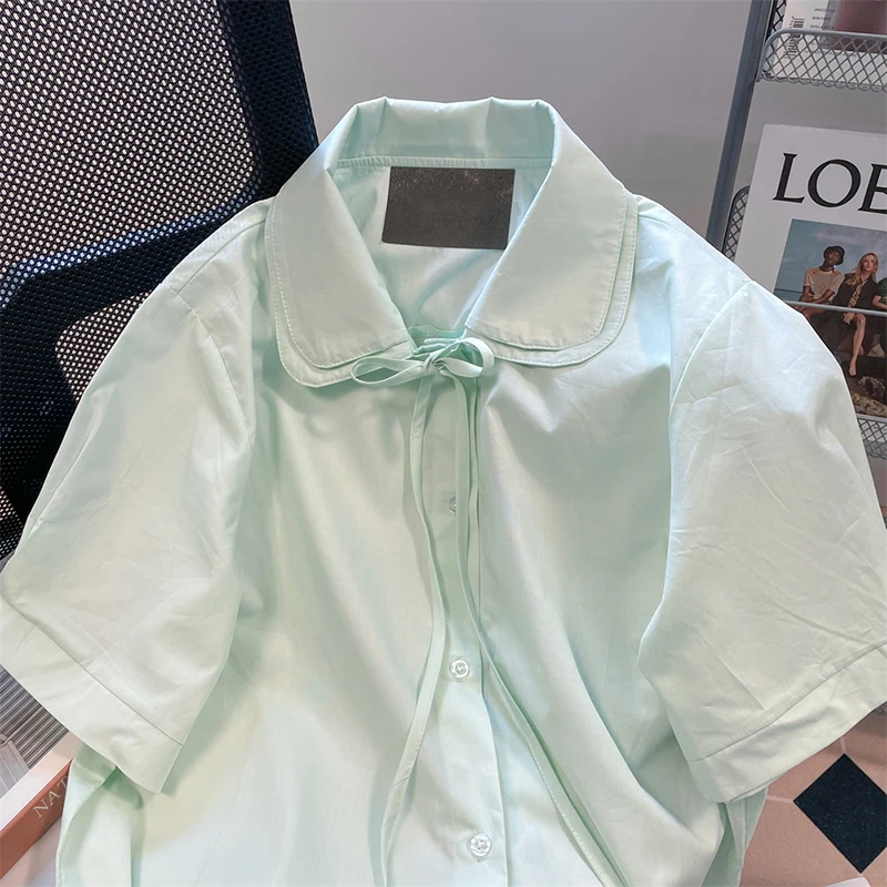 Мятно-зеленые женские рубашки новые летние блузки с короткими рукавами и