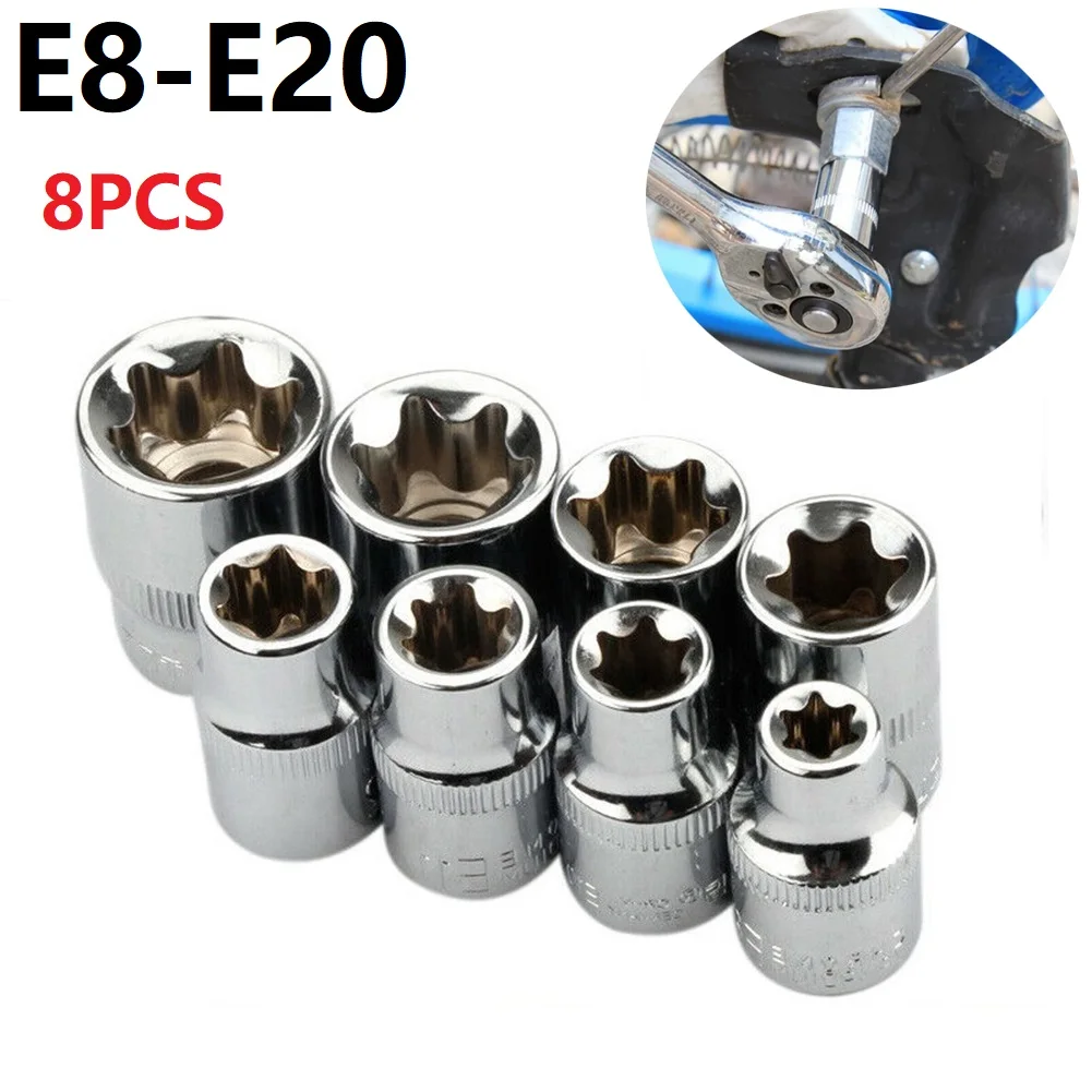 

8/6/4PcS Hex Sockets Head Star Socket Wrench Head E8-E20 Nut Removal Torque Wrench Teeth Ratchet Spanner Sleeve Repair Hand Tool