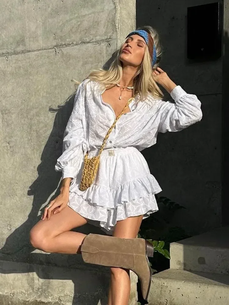 Летний женский повседневный комплект белые однобортные рубашки с круглым