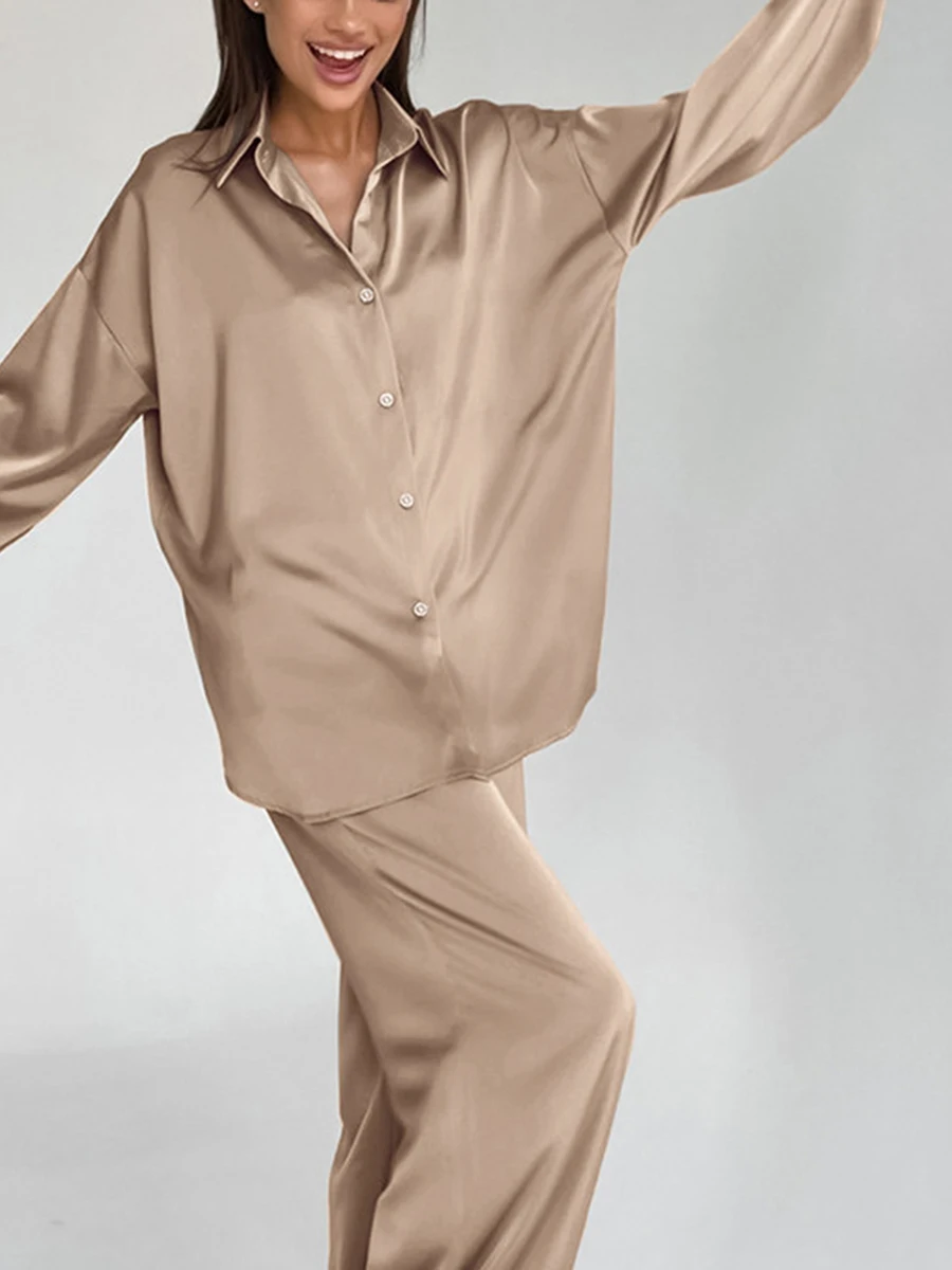 

Женский комплект из 2 предметов, рубашка на пуговицах с длинным рукавом, эластичные брюки с высокой талией и широкими штанинами в уличном стиле (27-хаки M)