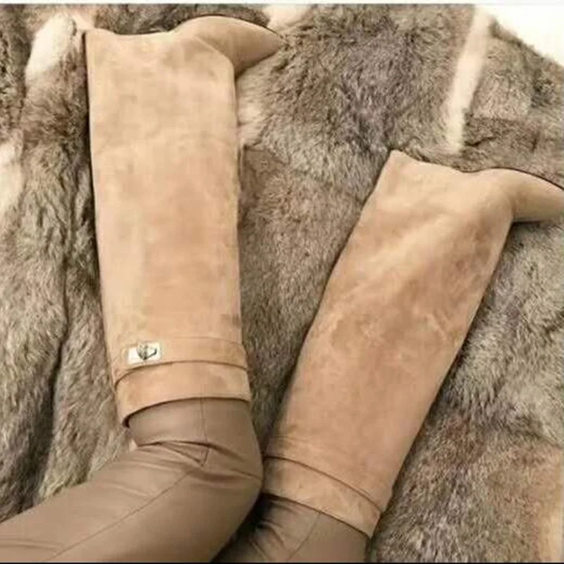 

Sexy Suede Shark Lock Fold-Over Thigh High Belted Boots Pointed Toe Covered Wedge Heel Winter Boots Women Plus Size 43
