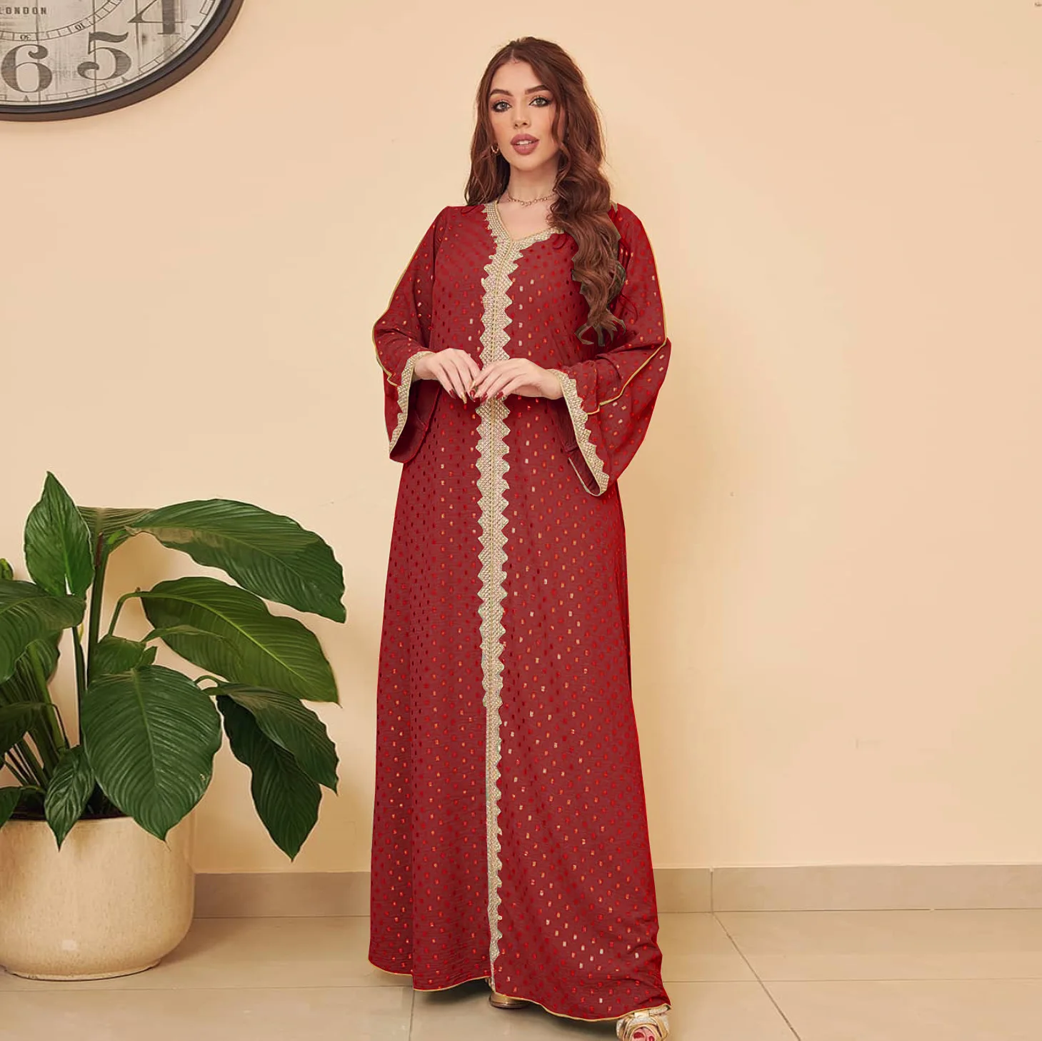 Dubai Muslim Woman Dress Polka Dot Print V-Neck Lace Tape Elegant Long Dresses Islamic Robes Abaya Turkey Ramadan Kaftan