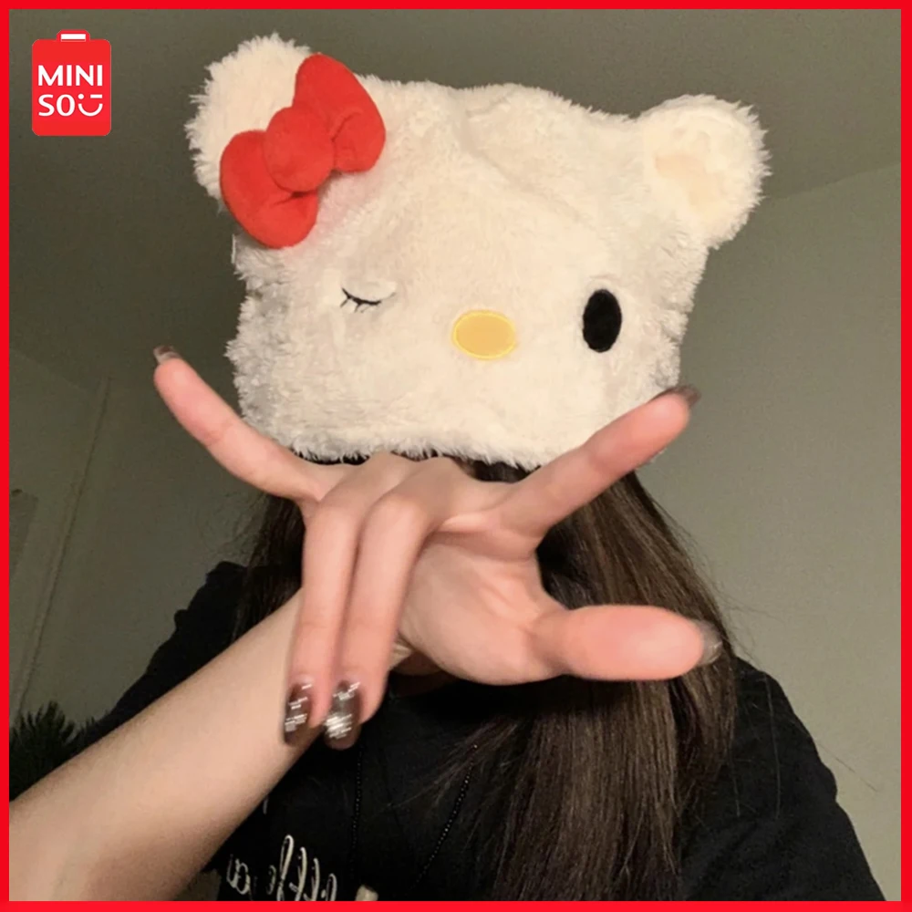 

New Miniso Sanrio Hellokitty Hat Cute Kawaii Plush Hat Warm Hat Furry Student Head Wrap Hat Ear Protection Cap Cycling Cap