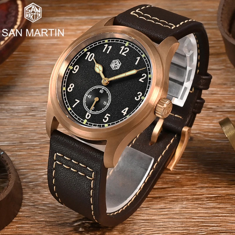 San Martin New Men Pilot Wrist Watches CUSN8 Bronze Quartz Watch Deluxe Double Luminous 10 Bar Diving Quartz Watch Leather Strap