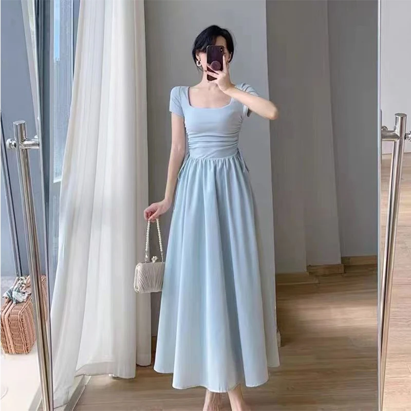 

Женское длинное платье с коротким рукавом, синее французское платье с высокой талией в Корейском стиле с квадратным вырезом, лето