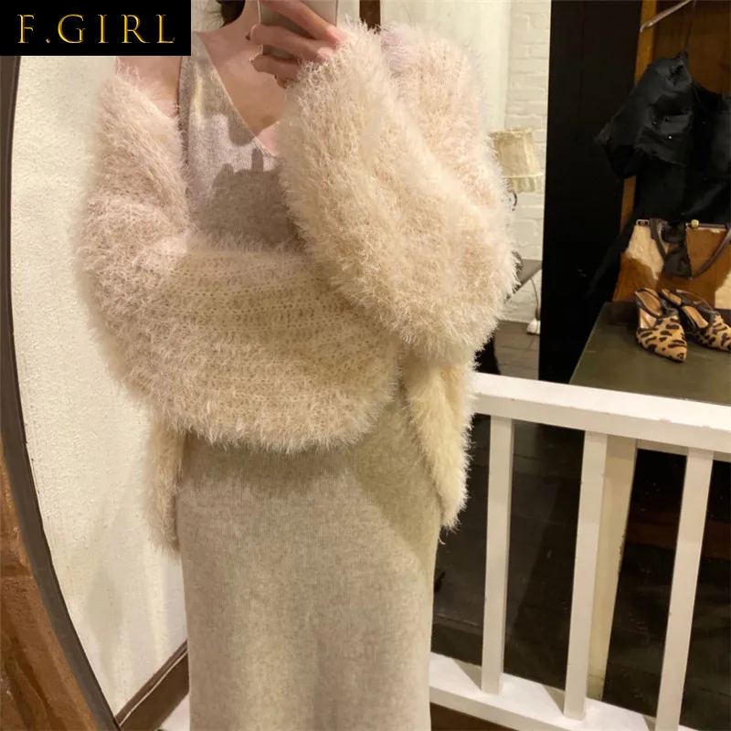 2022 Autumn New Women Sweater Female Cardigan Coat Furry Puff Sleeves Elegant Solid Sweet Office Lady Casual All Match Tops