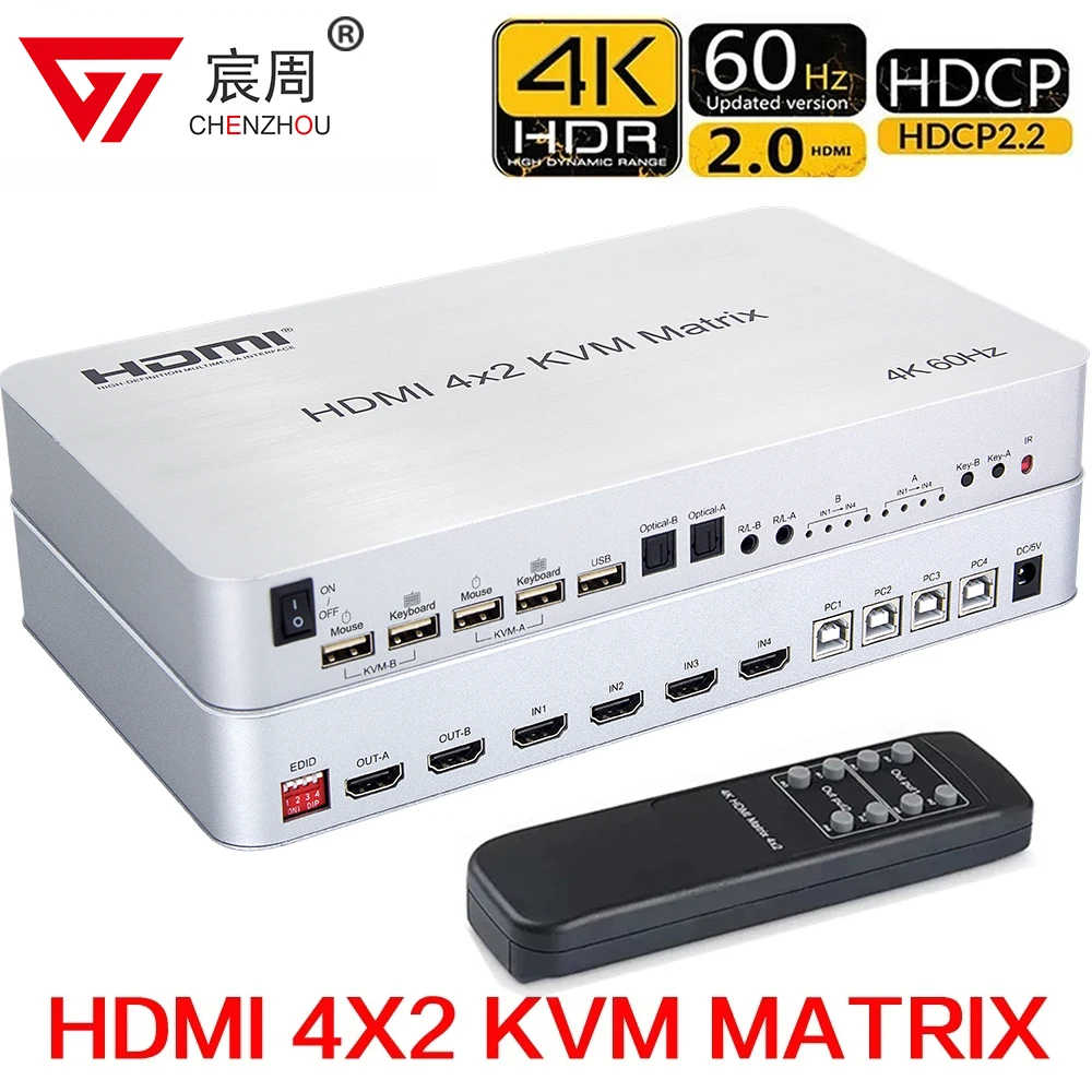 4K 60 Гц HDMI KVM переключатель 4X2 переключатель 4 в 2 выход 4 порта двойной монитор матричный переключатель HDMI USB флэш-накопитель принтер HDTV с клавиатурой Matrix HDMI KVM Switch 4x2 4 In 2 Out KVM Switcher Dual