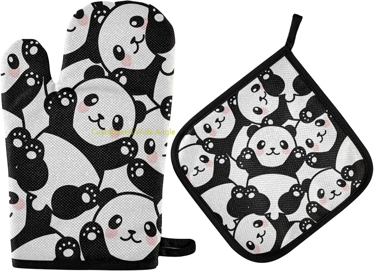 

Cute Pandas Oven Mitts and Pot Holders Insulated Gloves & Kitchen Counter Safe Mats for Cooking BBQ Baking Grilling