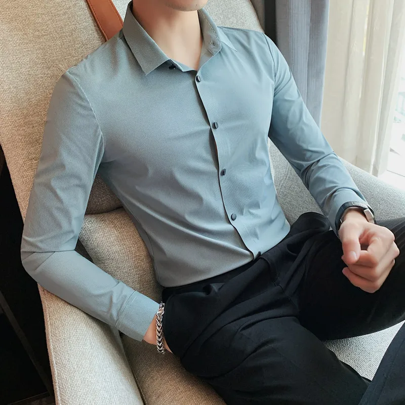 Classic Solid Color Shirts Men 2022 Autumn Long Sleeve Slim Casual Shirt Ice Silk Seamless High Elasticity Shirts Chemise Homme