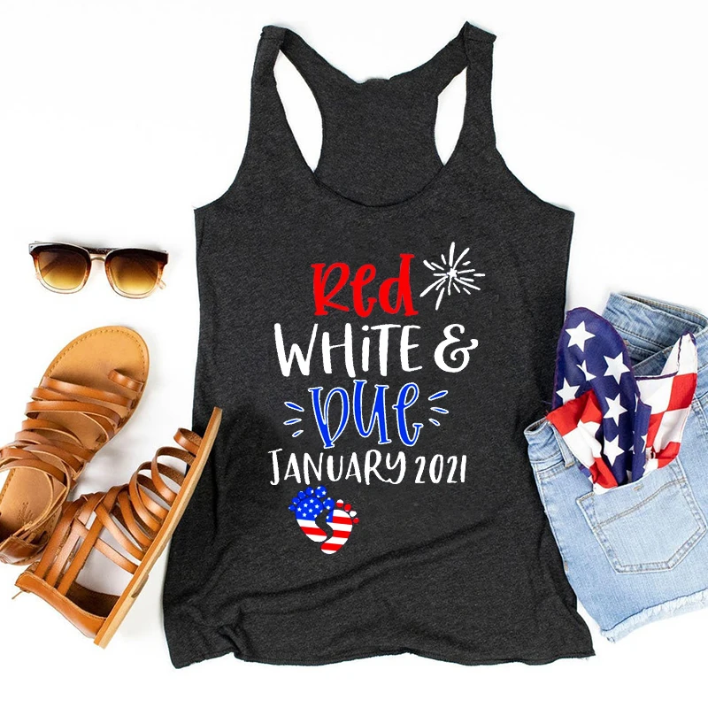 

Red White and Blue Tank Tops Letter 4th of July Womens Clothing Gothic Fourth of July Pregnancy Tank Announcement Tops