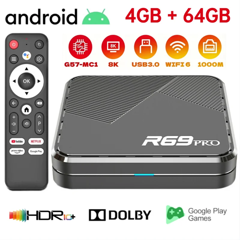 Фото R69 PRO Ultra HD 8K ТВ-приставка Android 14 Allwinner H728 WiFi 6 1000M LAN Bluetooth 5.0 Медиаплеер для домашнего кинотеатра Smart TV Box №1