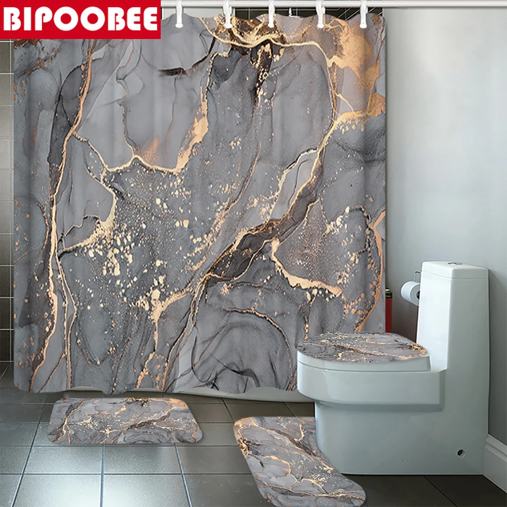 

Modern Print Fabric Shower Curtains Grey Marble Bathroom Curtain Set Bath Mat Pedestal Non-Slip Rug Toilet Cover Home Decor