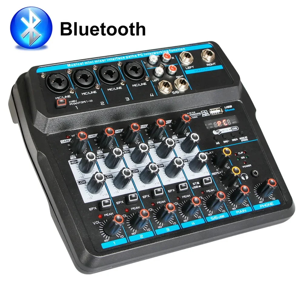 

Профессиональный портативный микшер Mini 6 4 канала, звуковая микшерная консоль, компьютерный вход 48 В, питание, номер, живой DJ вещание, запись аудио