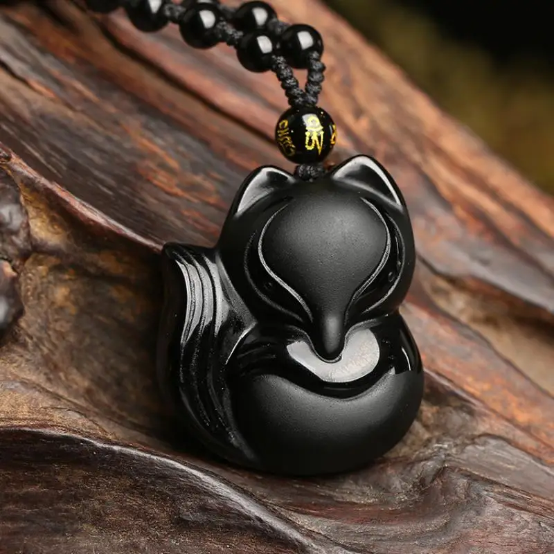 Vintage Obsidian Carved Fox Amulet Pendant Bead Chain Necklace Unisex Universal Jewelry Gift Necklace for Women 2022