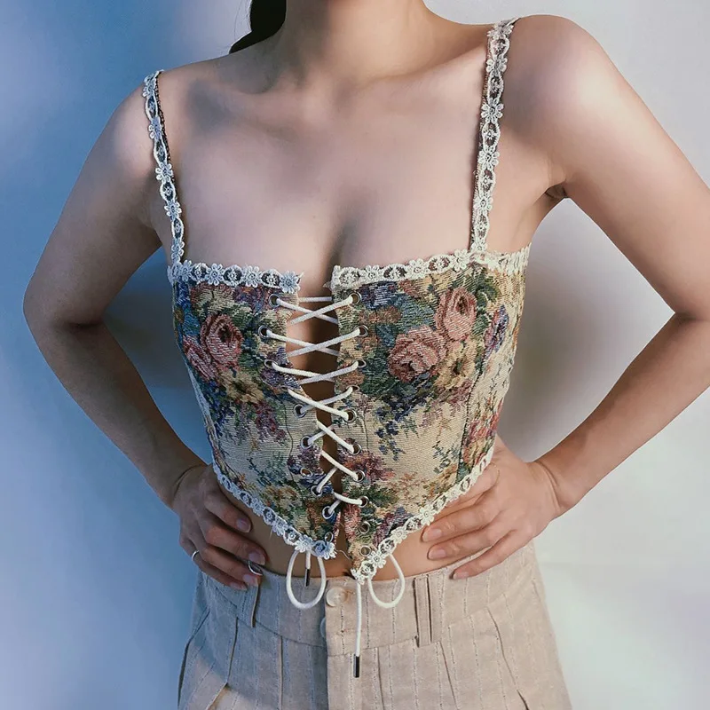 

Tank Tops For Women 2023 Summer Vintage Royal Printing Camis Crop Top Women Sexy Sleeveless Bandage Slim Corset Lace Up Y2k Tops