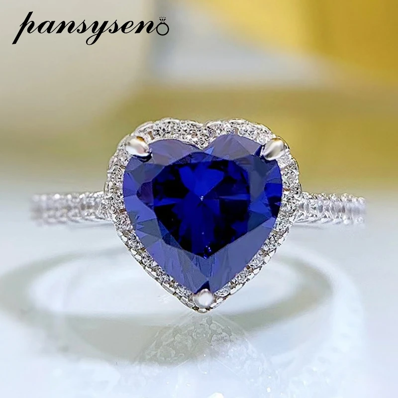 

PANSYSEN Vintage 925 Sterling Silver 8MM Heart Cut Sapphire Diamond Gemstone Finger Rings for Women Party Fine Jewelry Wholesale