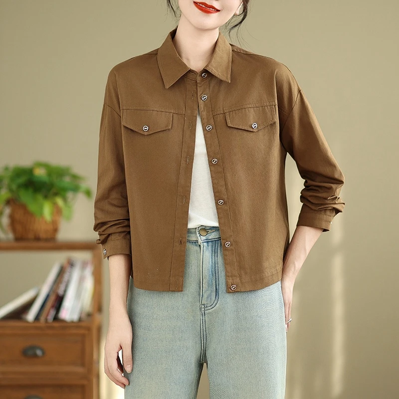 Retro Japan fashion Cargo Short coat Women Spring and Autumn Design Sense Loose All-Match Polo Collar Long sleeve Jacke...