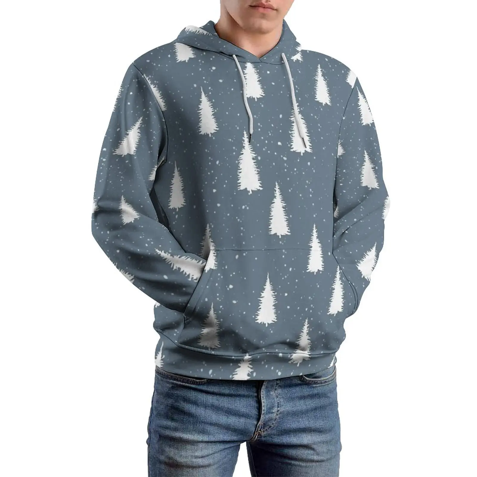 

Nordic Pattern Casual Hoodies Men White Winter Christmas Tree Loose Hoodie Winter Long Sleeve Cute Design Hooded Sweatshirts