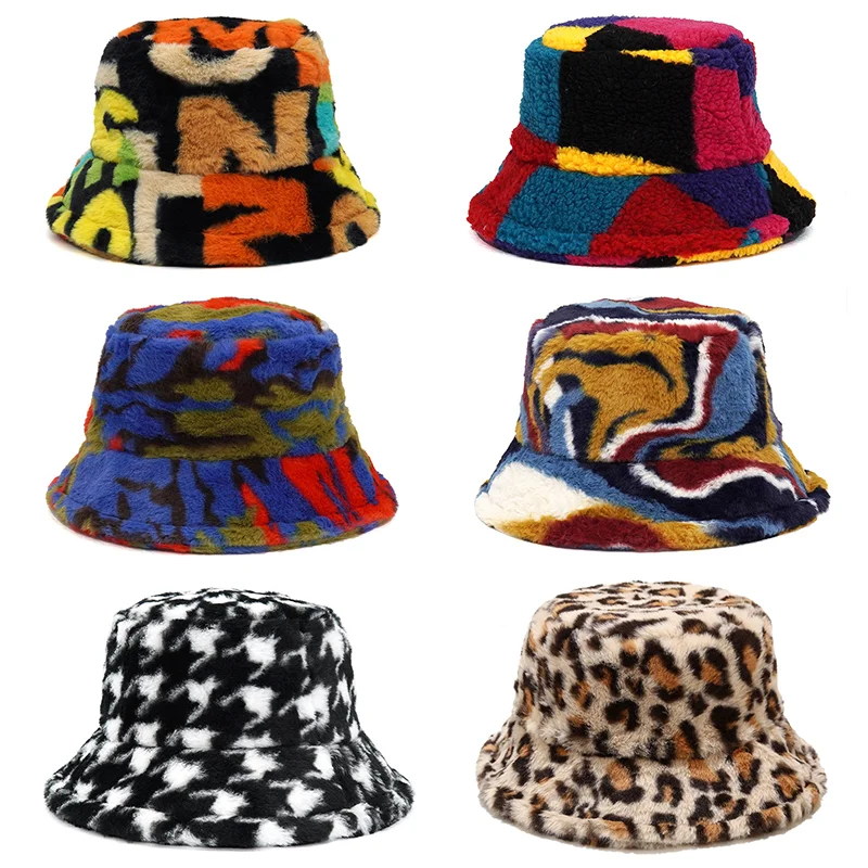 New Winter Bucket-Hats Fluffy Fur Men Women Panama Hat Fashion Warm Fisherman Cap Letter Rainbow Houndstooth Leopard Printed