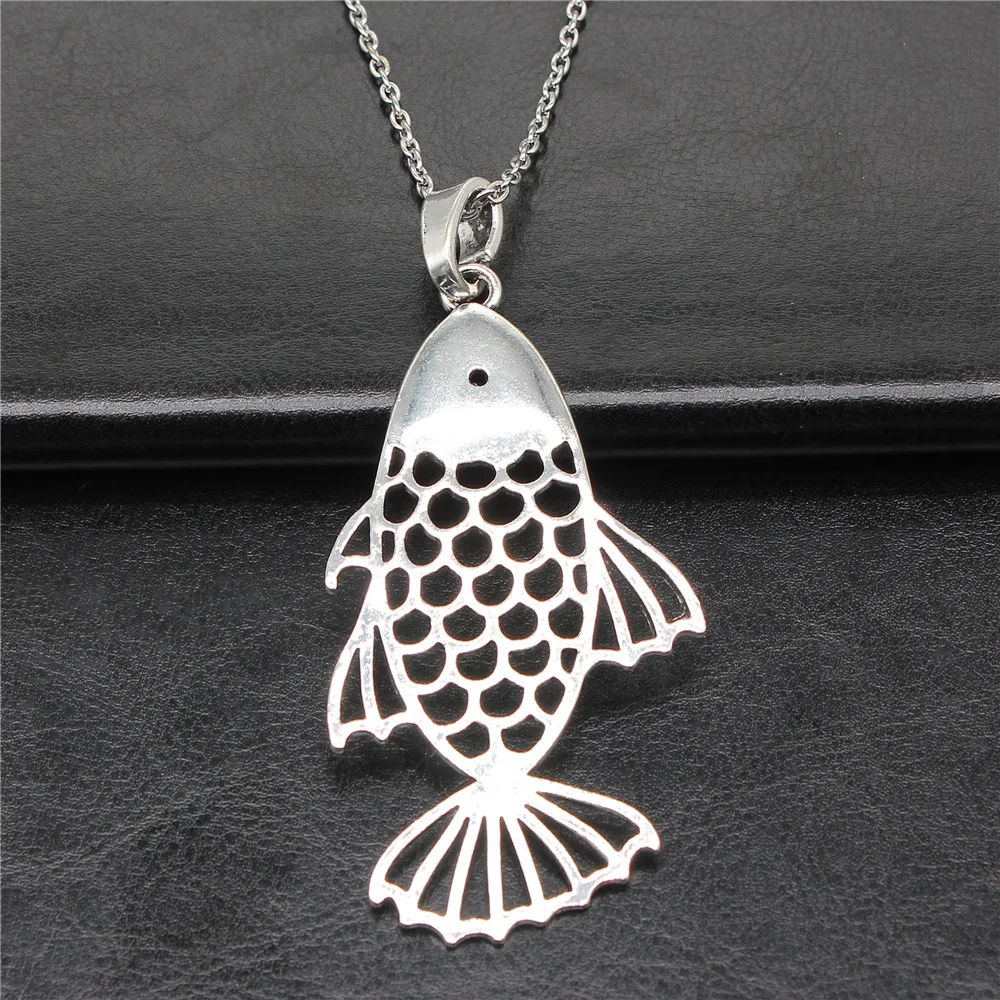 Винтажное ожерелье серебряного цвета с подвеской в виде большой рыбы 84x44 мм для женщин и мужчин, длинная цепь, модные ювелирные изделия, аксессуары