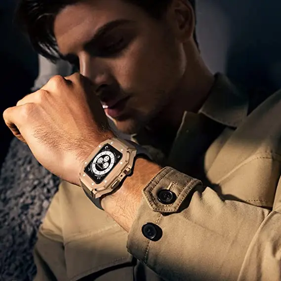 Mod Kit Stainless Steel Case+Strap For Apple Watch 6 5 4 SE 44MM Modification Alloy Frame Rubber Band For iWatch Series 8 7 45mm