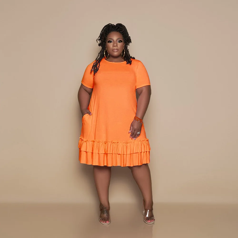 

XL-5XL Plus Size Solid Crew Neck Short Sleeve Dress Summer Loose Dress for Women Office Lady Pleated Ruffles Knee Length Dress