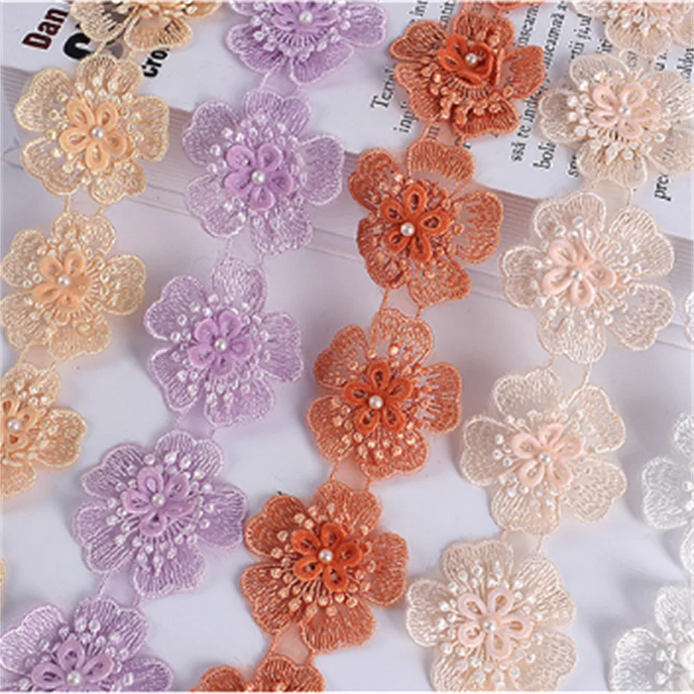 

1Yards Flower Pearl Beaded Embroidered Flower Lace Ribbon Trim Beaded Fringe African Lace Fabric Handmade Dress Sewing Supplies