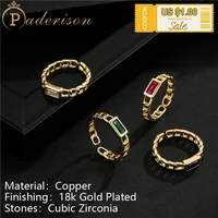 simple vintage square zircon chain opening ring for women retro geometric hollow adjustable ring copper 18k gold plated