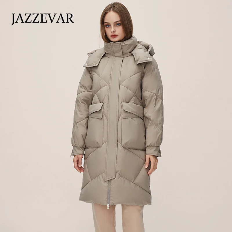 Jiazehua 2022 Medium length down jacket Women's white duck down hooded coat Thickened warm keeping loose silhouette high-end