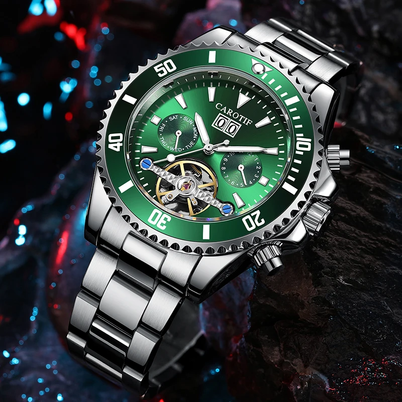 Carotif Fashion Business Men's Watches Top Brands Mechanical Waterproof Calendar Tourbillon Stainless Steel strap Male Watches