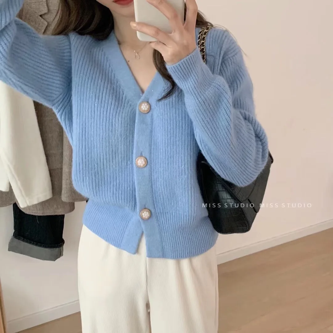 

DAYIFUN Autumn Solid V-neck Knitted Sweater Cardigan Women Clothing Single-breasted Short Coat Korean Loose Knitwear Top Female