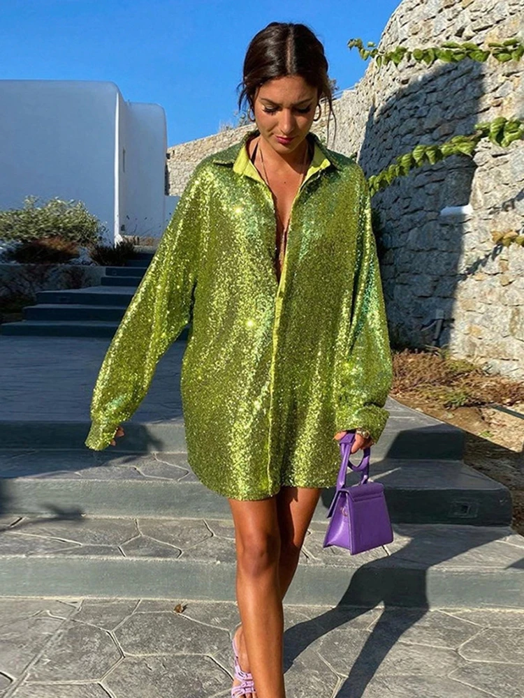 

Sequin Dress Long Sleeve Party Dresses Women Y2K Solid Shirt Dress Green V Neck Mini Dress Club Spring Summer Dress