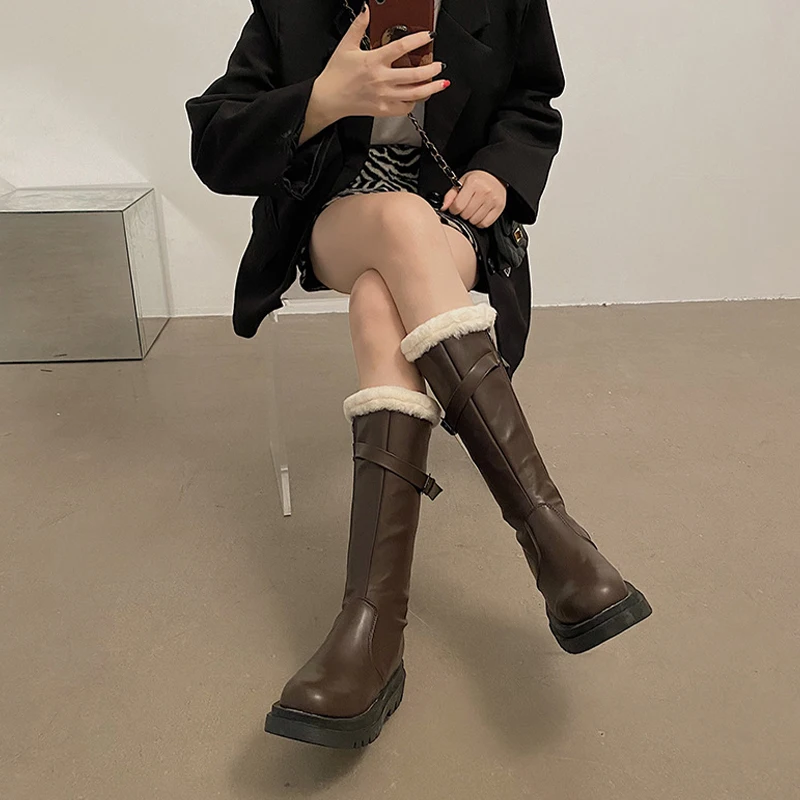 2023 Winter New Women Knight Boots Female Pu Fashion Platform Plush Knee High Boots Ladies Soild Buckle Straps Keep Warm Shoes