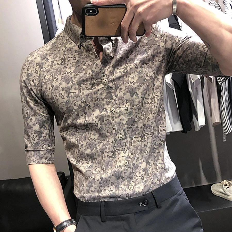 Summer Floral Shirt Men's Short Sleeve Shirt Korean Style Trendy Men's Slim Half Sleeve Shirt Men's Handsome Casual Shirt